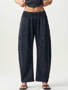 Bohemela Casual Solid Color Knit Loose Washed Women's Long Pants - Black - View 2