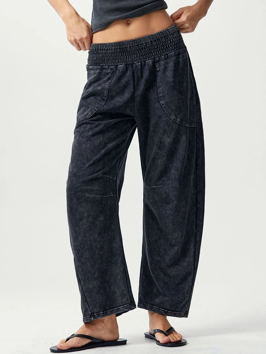 Bohemela Casual Solid Color Knit Loose Washed Women's Long Pants - Black - View 1