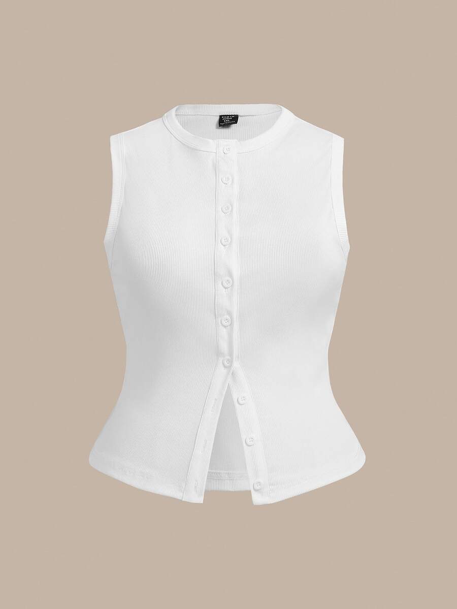 SHEIN BASICS Plus Size Knit Fitted Tank Top, Casual Normal Traditional Elegant, Summer Allover White Office Vacation Club Formal Party - White - View 1