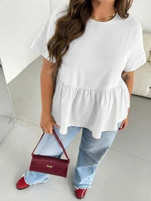 SHEIN Essnce 大尺碼女款夏季休閒傳統白色襯衫，短袖寬鬆舒適透氣上衣，修身可愛時尚，適合上班、早午餐與正式場合 - 白色 - 查看 5