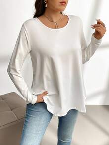 Firerie Plus Size Elegant Casual Vacation Home Loose Long Sleeve Round Neck Solid Color Basic Layering Swing T-Shirt Fall - White - View 5