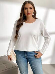 Firerie Plus Size Elegant Casual Vacation Home Loose Long Sleeve Round Neck Solid Color Basic Layering Swing T-Shirt Fall - White - View 7