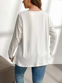 Firerie Plus Size Elegant Casual Vacation Home Loose Long Sleeve Round Neck Solid Color Basic Layering Swing T-Shirt Fall - White - View 3