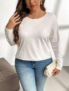 Firerie Plus Size Elegant Casual Vacation Home Loose Long Sleeve Round Neck Solid Color Basic Layering Swing T-Shirt Fall - White - View 6