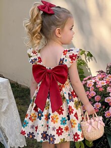 Baby Girl Cute Summer Bow Striped Flutter Sleeve Dress - Yellow - View 2