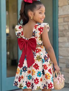 Baby Girl Cute Summer Bow Striped Flutter Sleeve Dress - Yellow - View 6