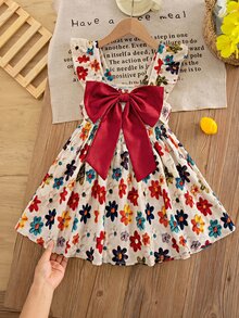 Baby Girl Cute Summer Bow Striped Flutter Sleeve Dress - Yellow - View 7
