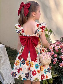 Baby Girl Cute Summer Bow Striped Flutter Sleeve Dress - Yellow - View 5