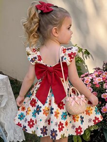 Baby Girl Cute Summer Bow Striped Flutter Sleeve Dress - Yellow - View 1