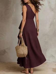 SHEIN Clasi Plus Size One Shoulder Ruffle Decor Vacation Dress - Burgundy - View 2