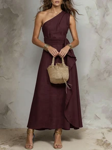 SHEIN Clasi Plus Size One Shoulder Ruffle Decor Vacation Dress - Burgundy - View 3