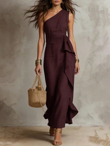SHEIN Clasi Plus Size One Shoulder Ruffle Decor Vacation Dress - Burgundy - View 5