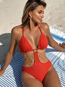 SHEIN Swim 1 件女士纯色性感连体泳衣，特殊面料夏季 - 紅色 - 查看 4
