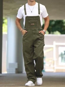 Manfinity Homme Men's Solid Color Casual Versatile Pocket Denim Bib Overalls - Green - View 5