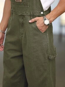 Manfinity Homme Men's Solid Color Casual Versatile Pocket Denim Bib Overalls - Green - View 3
