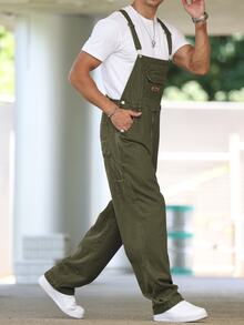 Manfinity Homme Men's Solid Color Casual Versatile Pocket Denim Bib Overalls - Green - View 4
