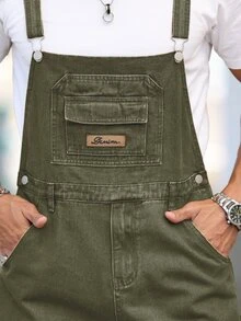 Manfinity Homme Men's Solid Color Casual Versatile Pocket Denim Bib Overalls - Green - View 8