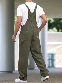 Manfinity Homme Men's Solid Color Casual Versatile Pocket Denim Bib Overalls - Green - View 2