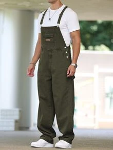 Manfinity Homme Men's Solid Color Casual Versatile Pocket Denim Bib Overalls - Green - View 6