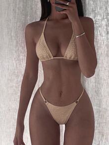 Swim SXY Summer Beach Halter Micro Triangle Thong Bikini Set - Khaki - View 1
