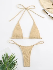 Swim SXY Summer Beach Halter Micro Triangle Thong Bikini Set - Khaki - View 5