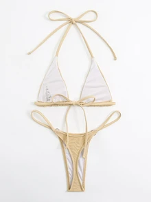 Swim SXY Summer Beach Halter Micro Triangle Thong Bikini Set - Khaki - View 2