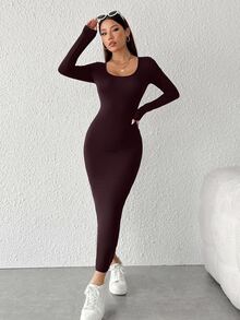 SHEIN PETITE Solid Color Slim Fit Long Dress ,Petite Women - Red Violet - View 3