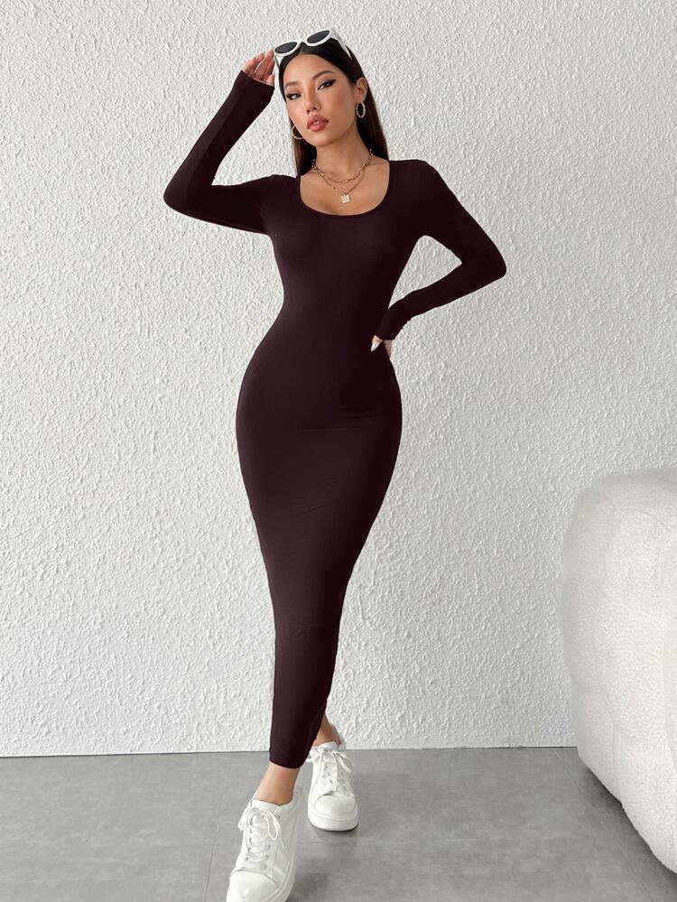 SHEIN PETITE فستان طويل بلون موحد بقصة ضيقة للنساء القصيرات - أحمر بنفسجي - مشاهدة 3