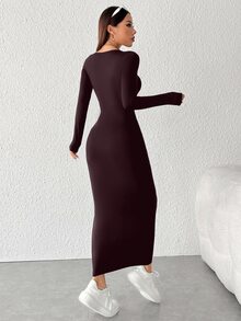 SHEIN PETITE Solid Color Slim Fit Long Dress ,Petite Women - Red Violet - View 2