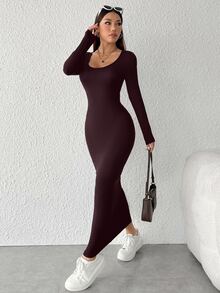 SHEIN PETITE Solid Color Slim Fit Long Dress ,Petite Women - Red Violet - View 7