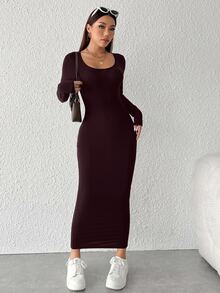 SHEIN PETITE Solid Color Slim Fit Long Dress ,Petite Women - Red Violet - View 6