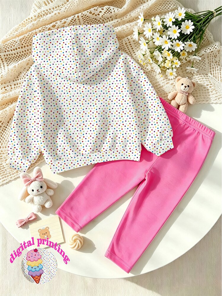 Baby Girls Ice Cream Polka Dot Print Fleece Hoodie & Pink Leggings Set, Cozy Fall Loungewear Outfit - Multicolor - View 2