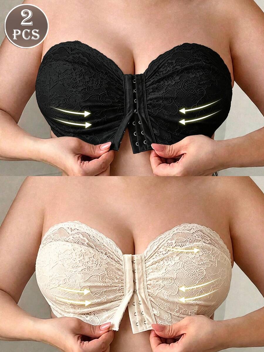 SHEIN 2件組大尺碼前扣蕾絲抹胸內衣套裝,無鋼圈、無墊肩 - 彩色 - 查看 1