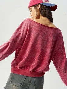Bohemela Casual Solid Color Knit Asymmetrical Neck Loose Fit Women's Sweatshirt - Red - View 5