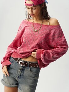 Bohemela Casual Solid Color Knit Asymmetrical Neck Loose Fit Women's Sweatshirt - Red - View 8