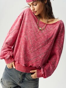 Bohemela Casual Solid Color Knit Asymmetrical Neck Loose Fit Women's Sweatshirt - Red - View 4