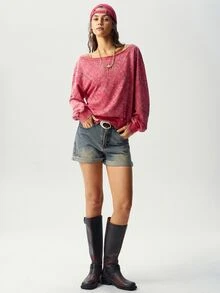 Bohemela Casual Solid Color Knit Asymmetrical Neck Loose Fit Women's Sweatshirt - Red - View 6