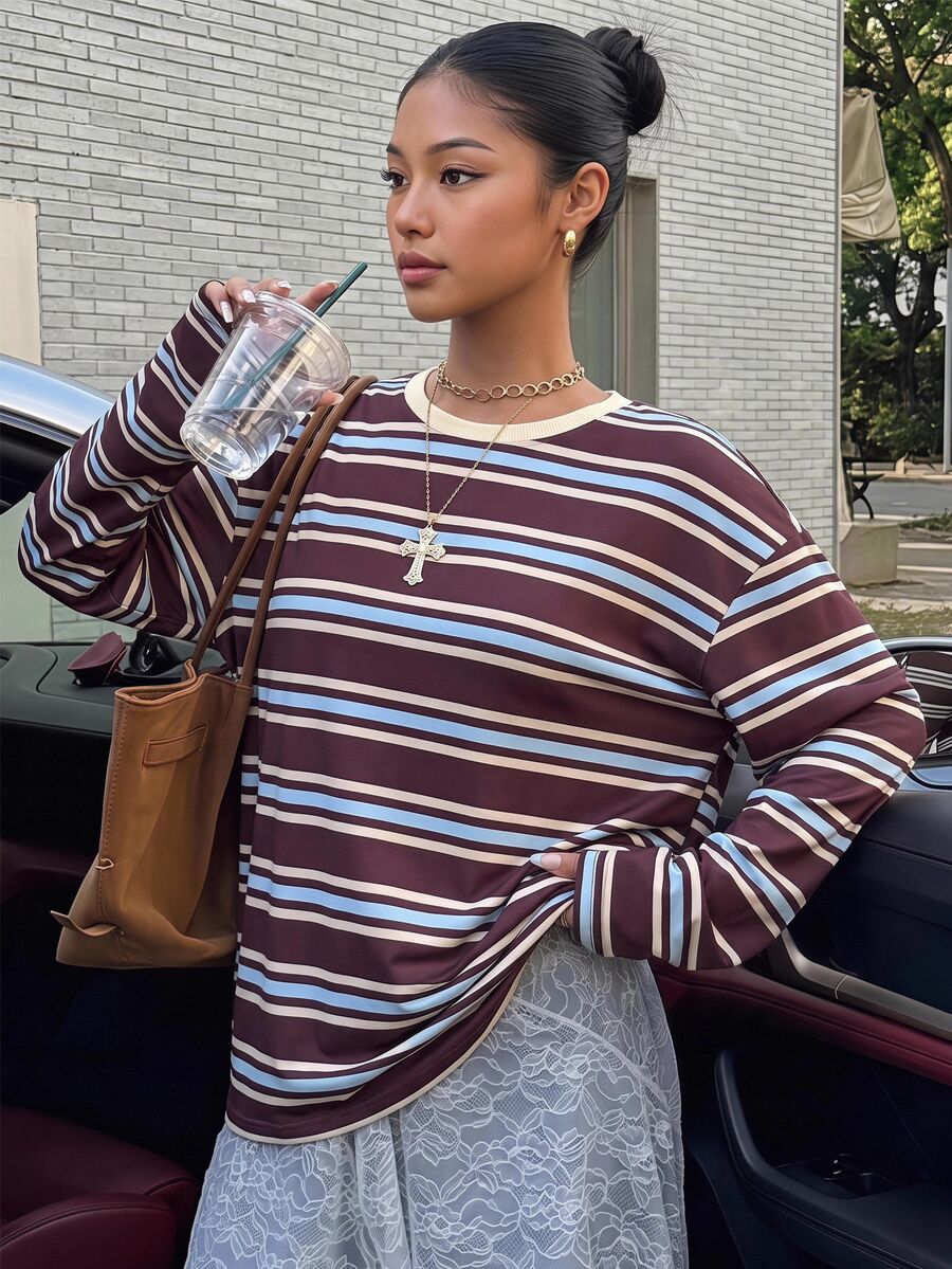 SHEIN 青少年女孩秋季條紋長袖T恤拼色休閒時尚百搭日常穿搭 - 彩色 - 查看 1