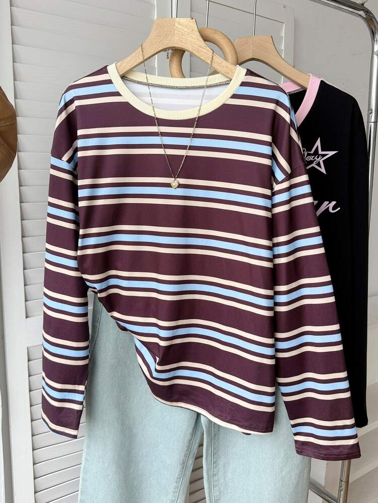 SHEIN Teen Girls Teen Girl Autumn Striped Long Sleeve T-Shirt Color Block Casual Fashion Versatile Everyday Wear - Multicolor - View 3