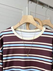 SHEIN 青少年女孩秋季條紋長袖T恤拼色休閒時尚百搭日常穿搭 - 彩色 - 查看 5