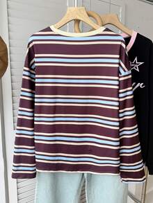 SHEIN 青少年女孩秋季條紋長袖T恤拼色休閒時尚百搭日常穿搭 - 彩色 - 查看 4