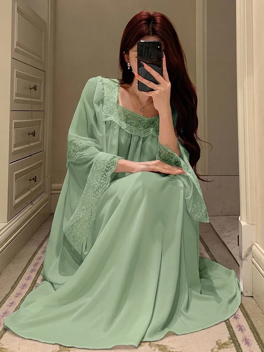 DAZY Romantic Wedding Lace Patchwork Princess Style Sweet Women's Nightgown - Green - View 1