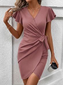SHEIN Clasi 女款純色極簡浪漫優雅V領短袖休閒洋裝，適合春夏婚禮、早午餐、酒吧派對、約會，灰玫瑰色 - 紫紅色 - 查看 5