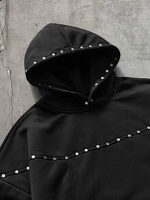 FeverCity 男士美式解構曲面開衩鉚釘裝飾休閒街頭度假連帽衫 黑色 秋冬 節日電音派對款 - 黑色 - 查看 3