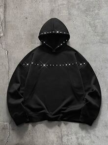 FeverCity 男士美式解構曲面開衩鉚釘裝飾休閒街頭度假連帽衫 黑色 秋冬 節日電音派對款 - 黑色 - 查看 5