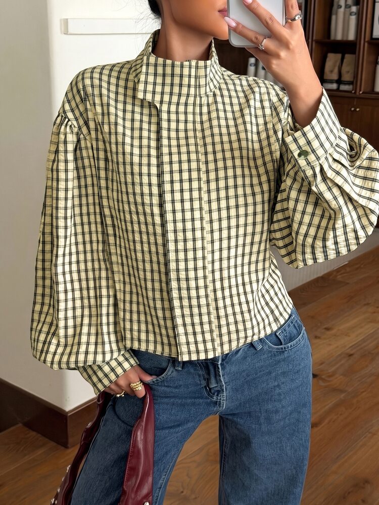 Muchica Yellow Plaid Woven Women's Jacket Everyday Day Time Autumn Casual Streetwear - Black - View 3