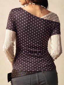 Bohemela 女款對比蕾絲 2 合 1 波點印花長袖上衣 - 彩色 - 查看 7