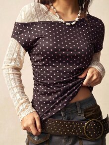 Bohemela 女款對比蕾絲 2 合 1 波點印花長袖上衣 - 彩色 - 查看 1