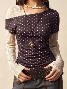 Bohemela 女款對比蕾絲 2 合 1 波點印花長袖上衣 - 彩色 - 查看 3