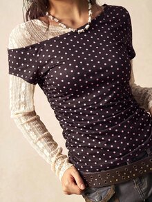 Bohemela 女款對比蕾絲 2 合 1 波點印花長袖上衣 - 彩色 - 查看 6
